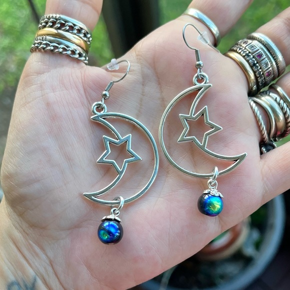 Set ! Moon stars iridescent black green beads necklace + matching earrings boho - Picture 11 of 12